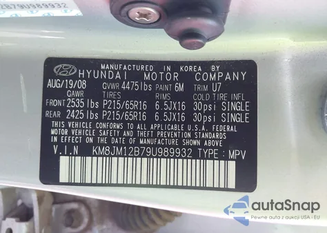 2009 Hyundai Tucson Gls из США, поврежденный, VIN KM8JM12B79U989932